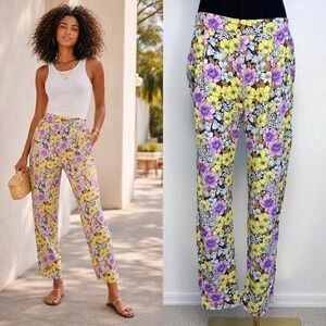 Leifnotes Anthropologie Floral‎ Tapered Pants, Chiffon trouser Size 6, yellow